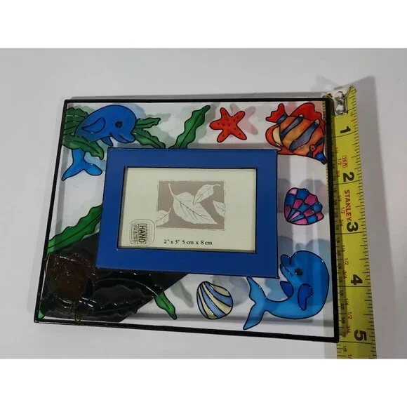 Glass Hand-Painted Sea Life Picture Frame Holds 2"x3" Photo - Picture 7 of 9